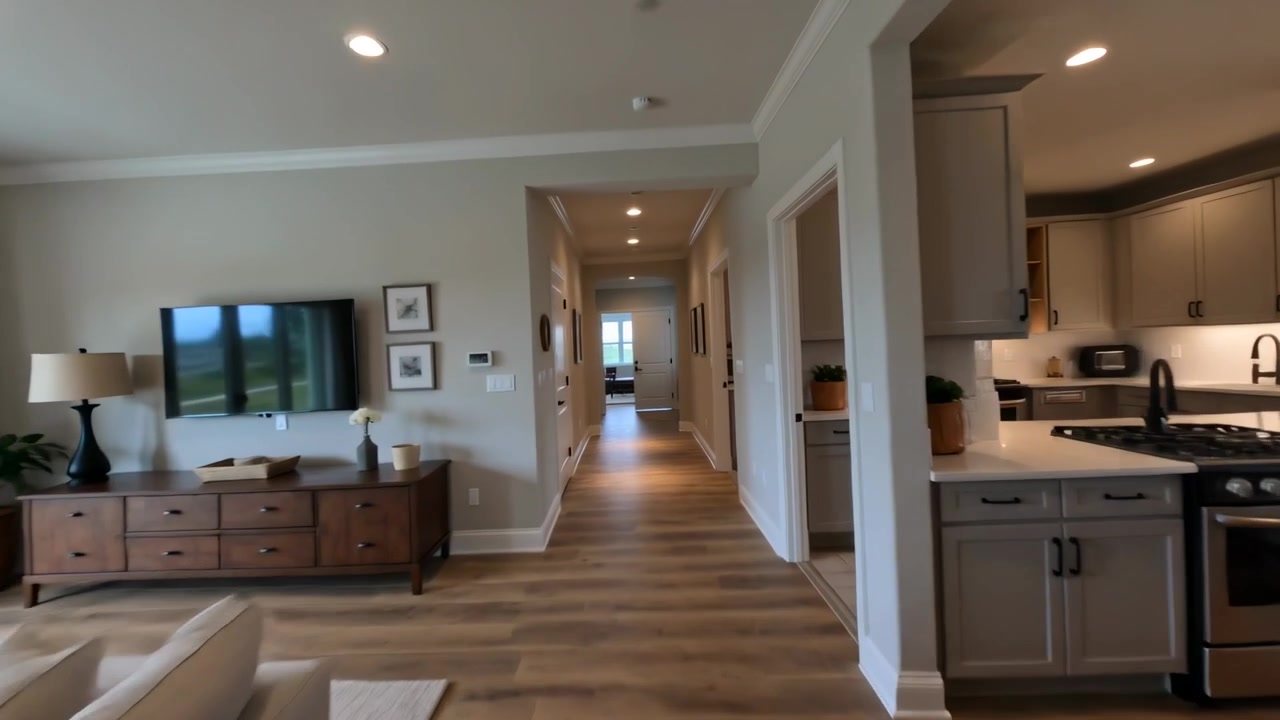 Starting at entry, camera moving through open-plan toward hallway, revealing layout, sofas, island