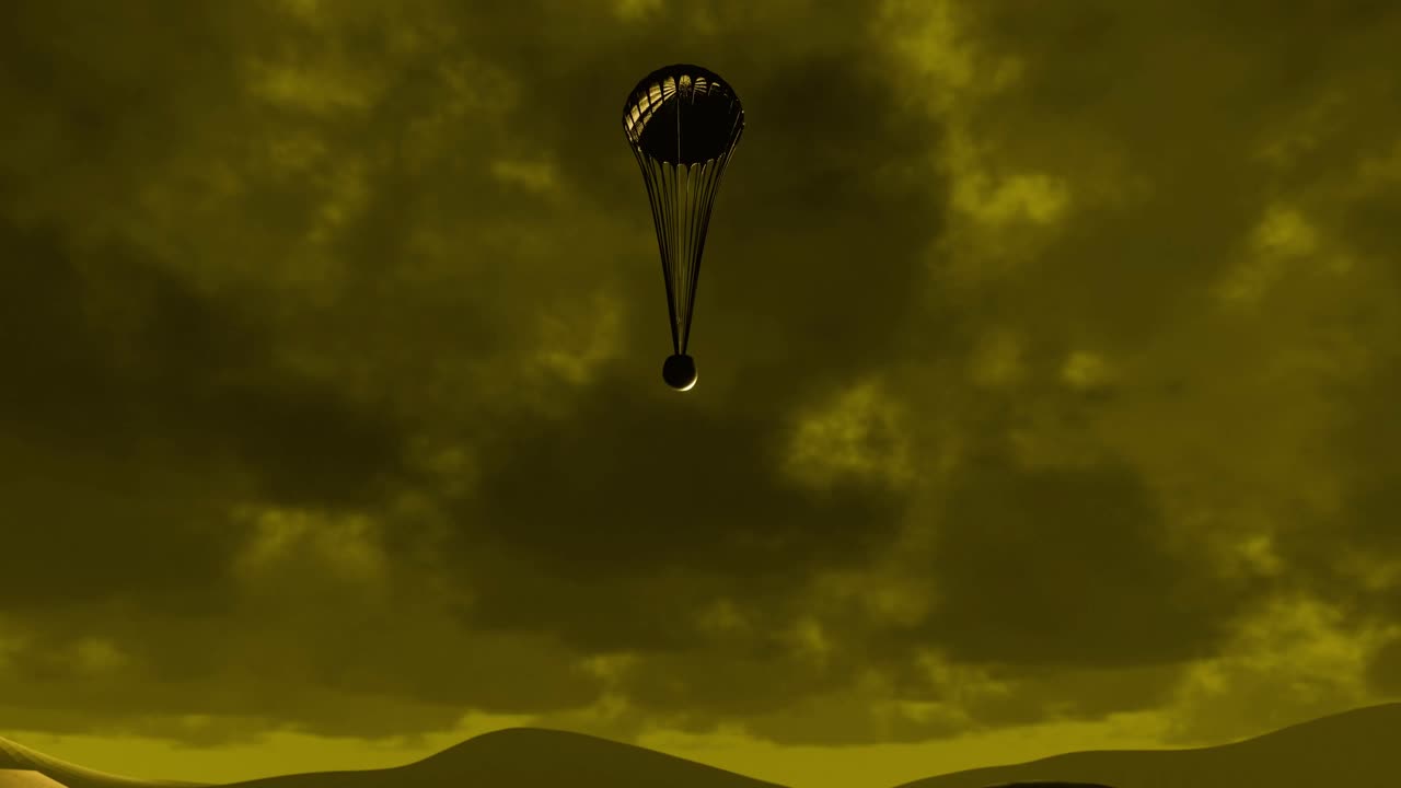 animación en 3d de venera 8 aterrizando en venus con un paracaídas