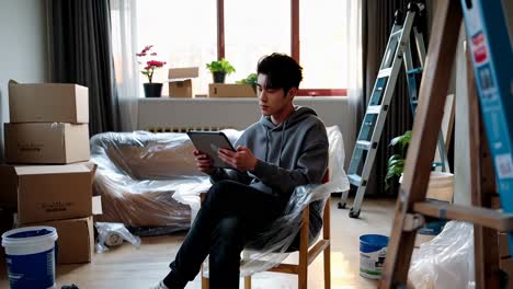 a man is sitting in a chair in a room with boxes and a ladder