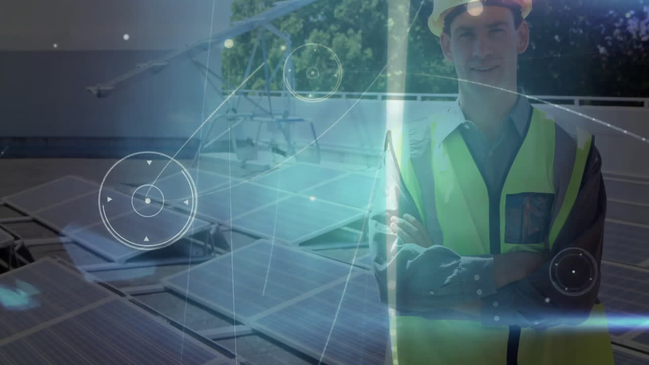 Male solar technician standing on rooftop photovoltaic panels, displaying HUD monitoring graphics