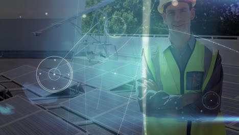 male solar technician standing on rooftop photovoltaic panels, displaying hud monitoring graphics