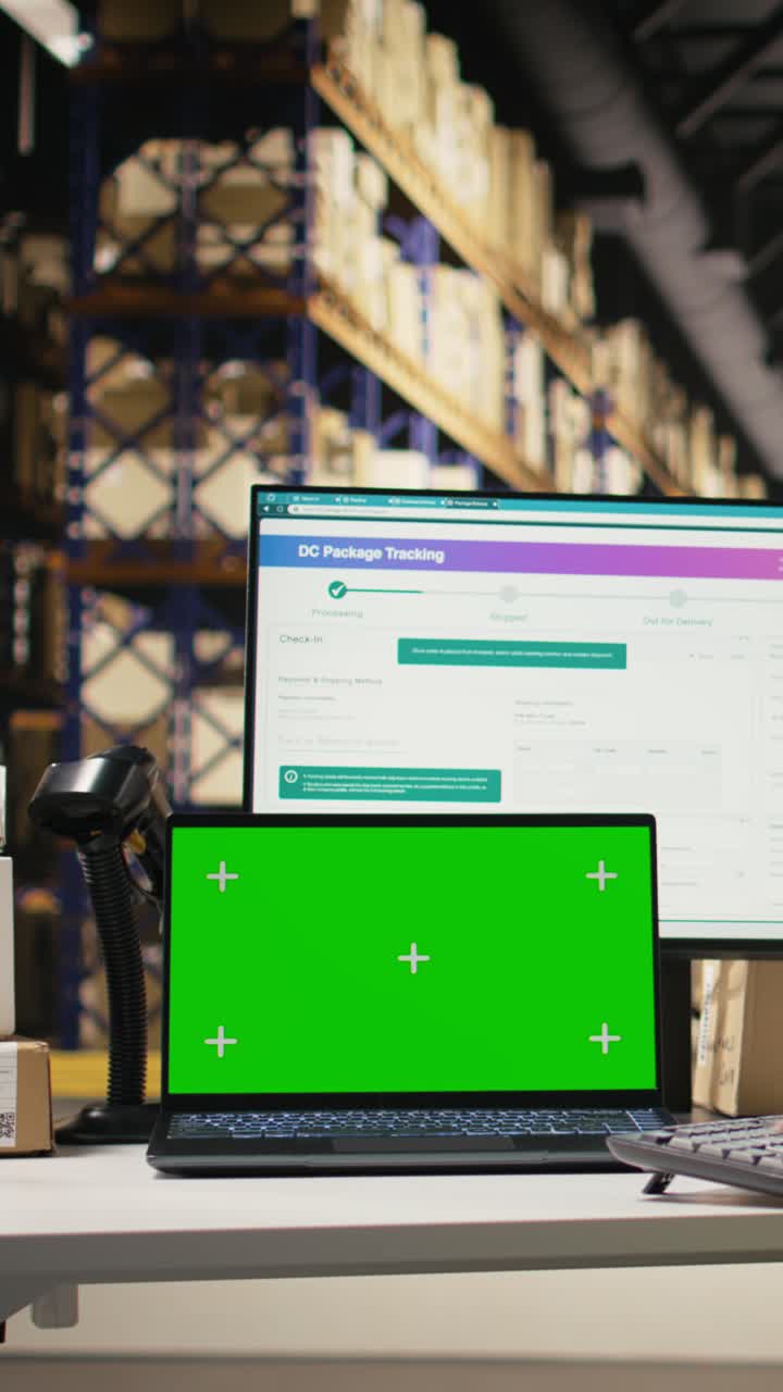 Vertical Video Female warehouse clerk checking awb labels next to chroma key on screen