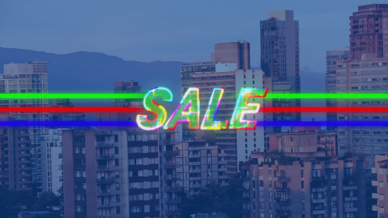Neon SALE text animation over city skyline with colorful stripes