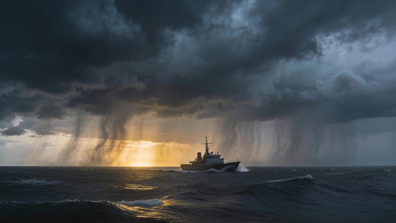 Dem Sturm trotzend, navigiert ein Patrouillenschiff durch Wellen auf See, Heckwelle und Sonnenglanz erzeugend.