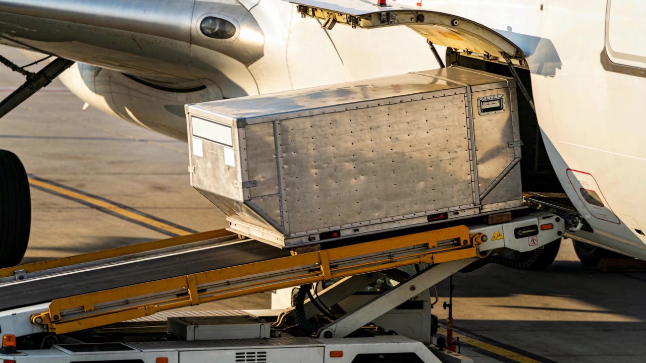 Loader activating, conveying aluminum cargo container into aircraft belly on apron for transport