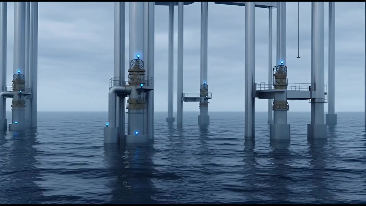 Animated Futuristic Offshore Platform with Blue Lights in the Ocean