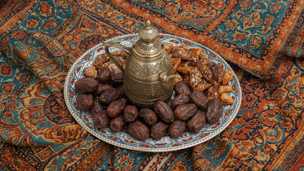 Zoomende kamera afslører mere paisleytekstil omkring tallerken med dallah-kande i messing, dadler, sprødt