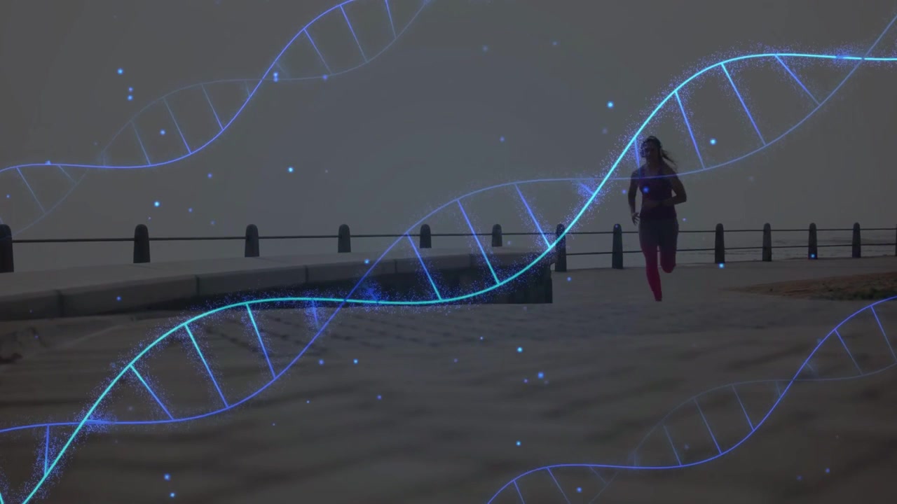 Starting woman jogger in pink leggings running for fitness toward camera on seaside, DNA helix