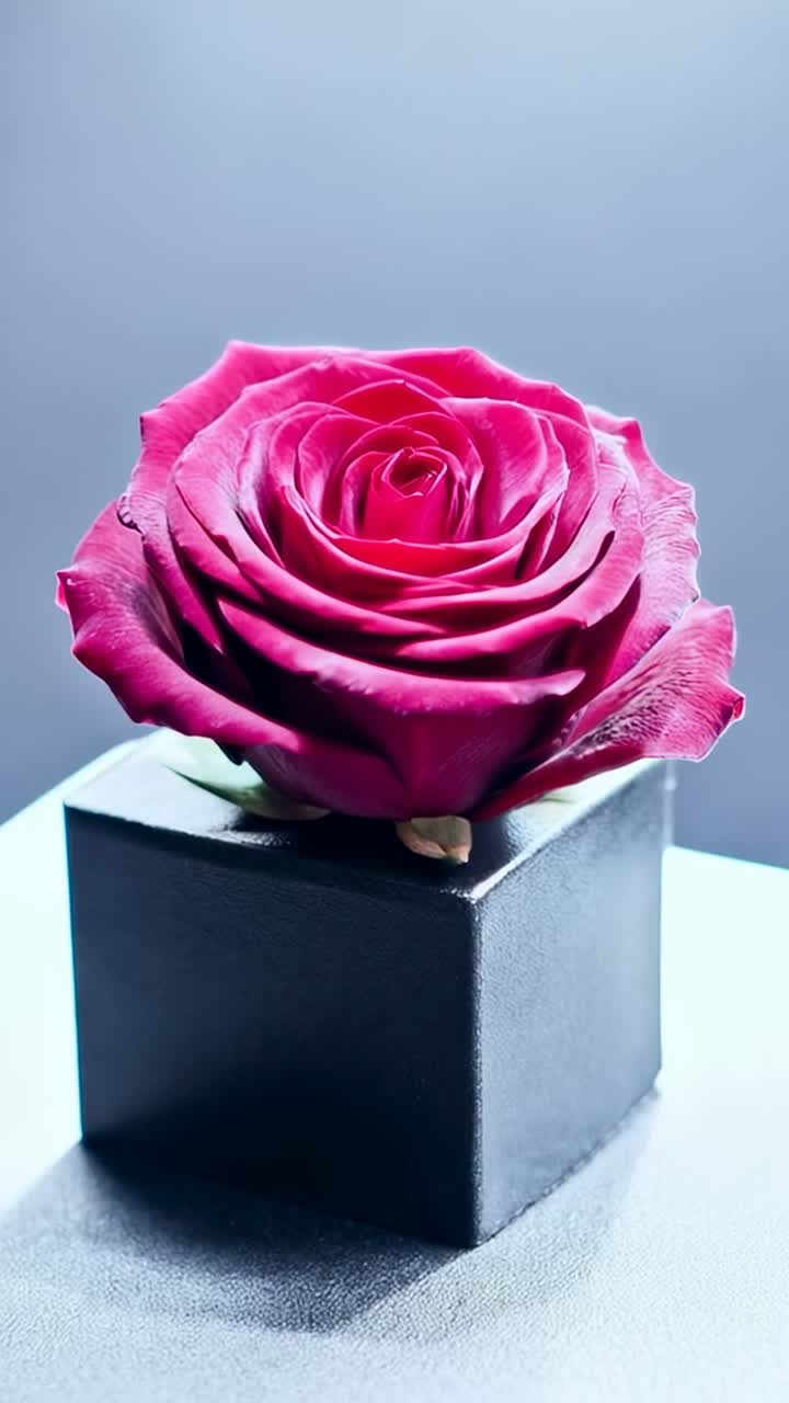Video verticale: zoom della camera che inquadra una rosa magenta su un cubo nero in studio, rivelandone la texture