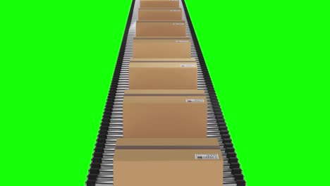 Single-row-of-cardboard-packing-boxes-moving-on-conveyor-belt-with-green-screen-background