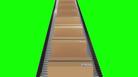 single row of cardboard packing boxes moving on conveyor belt with green screen background