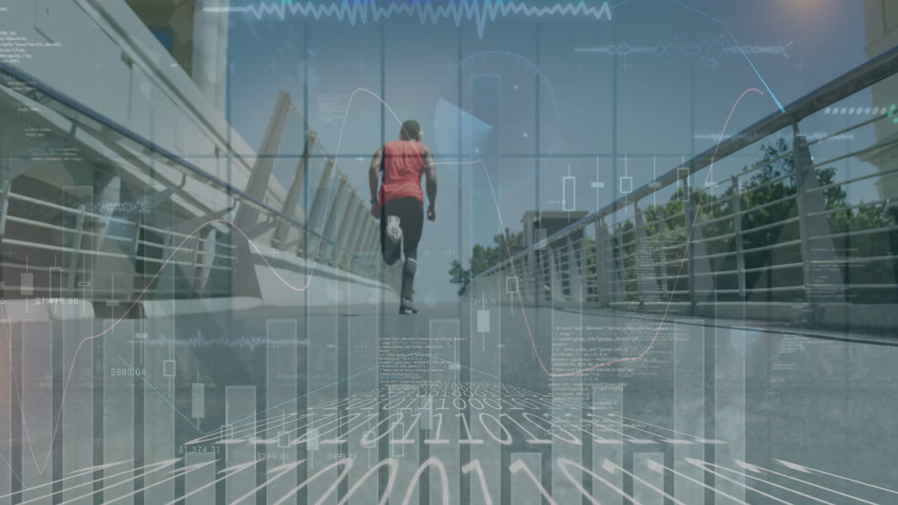 animación de múltiples gráficos, ondas de sonido sobre hombre afroamericano corriendo en el puente