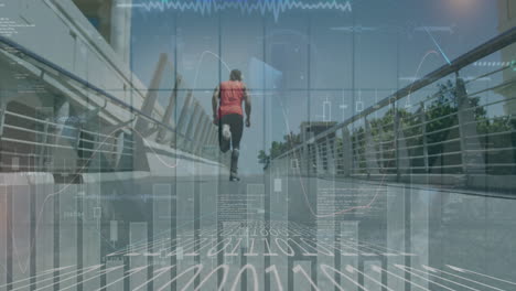 animation of multiple graphs, soundwaves over african american man running on bridge