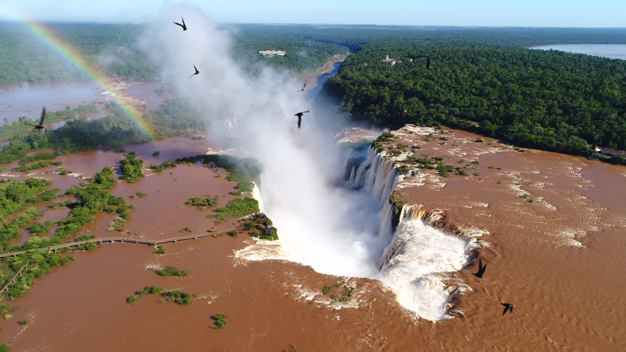 A stunning bird's-eye view of Iguazu Falls, featuring birds soaring amidst a beautiful rainbow over the cascades
