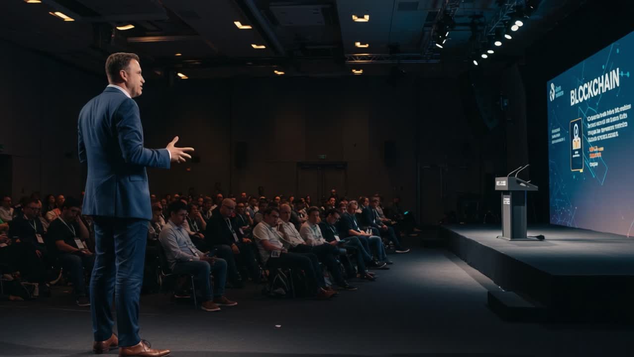 Engaging Blockchain Presentation: A Speaker Discusses Innovations and Insights on Stage with an Attentive Audience in a Modern Conference Setting
