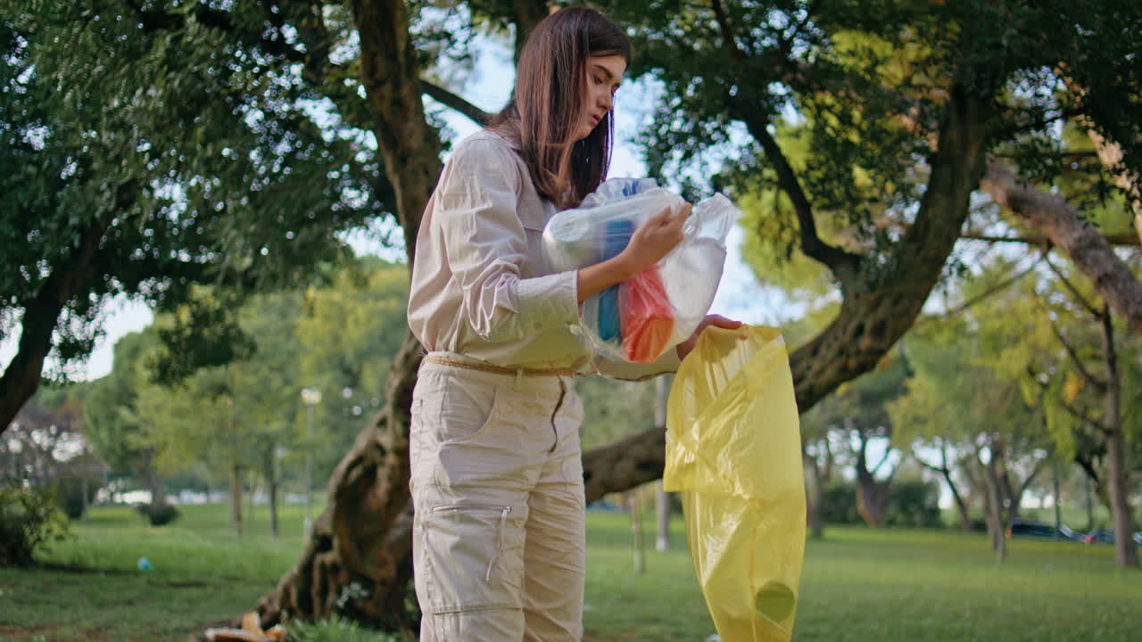 Woman activist gathering litter for recycling in park. Female collecting trash