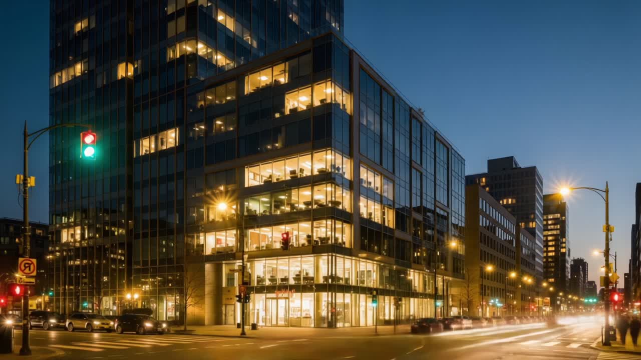 Illuminated Urban Office Building at Dusk Showcases Modern Architecture and City Life with Light Trails from Passing Vehicles Beneath a Twilight Sky