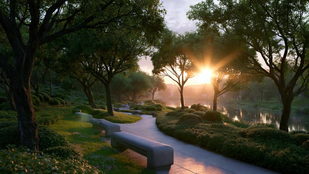 Una serena scena di parco all'alba, che mostra una vegetazione lussureggiante, sentieri tortuosi e panchine sotto il dolce bagliore della luce solare che filtra tra gli alberi.