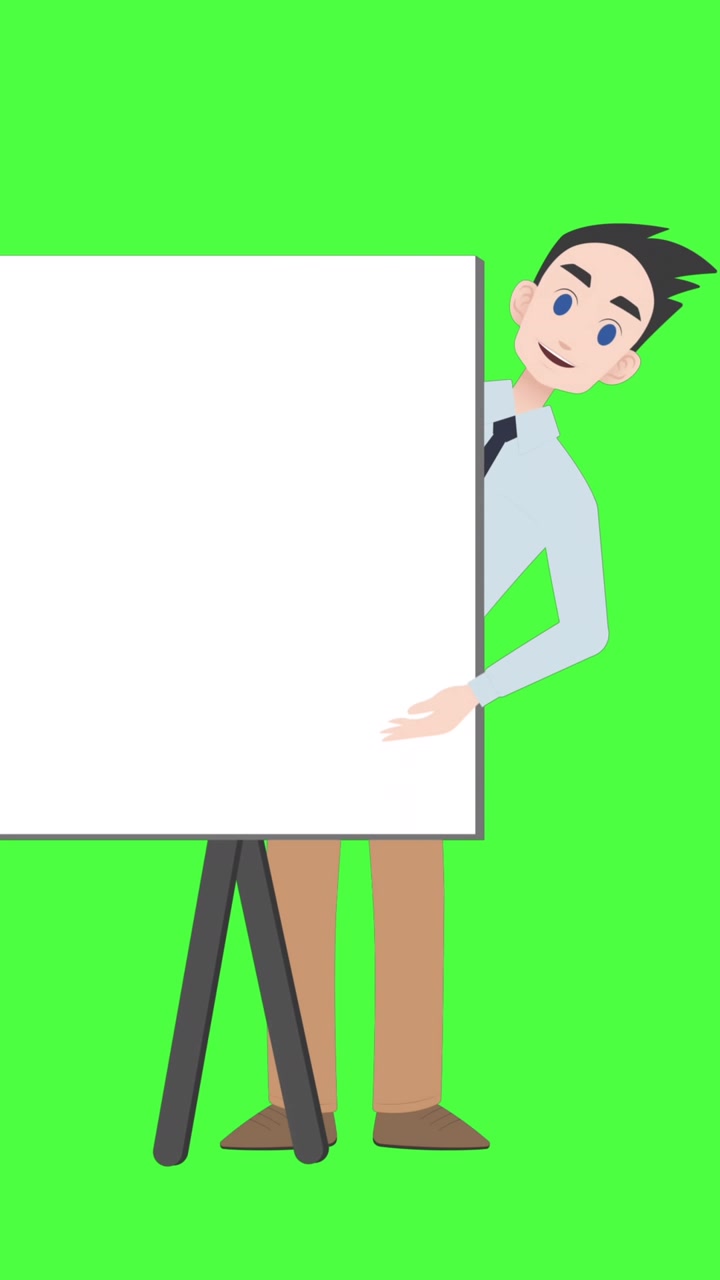 Animation of illustration of caucasian man with whiteboard talking with copy space on green screen