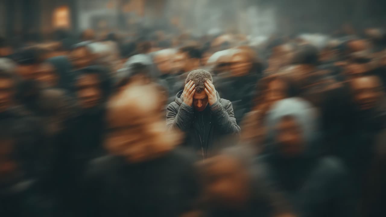 Una figura solitaria in mezzo alla folla prova un forte senso di ansia e confusione, circondata da volti sfocati, che rappresentano la lotta dell'individualità in un ambiente collettivo.