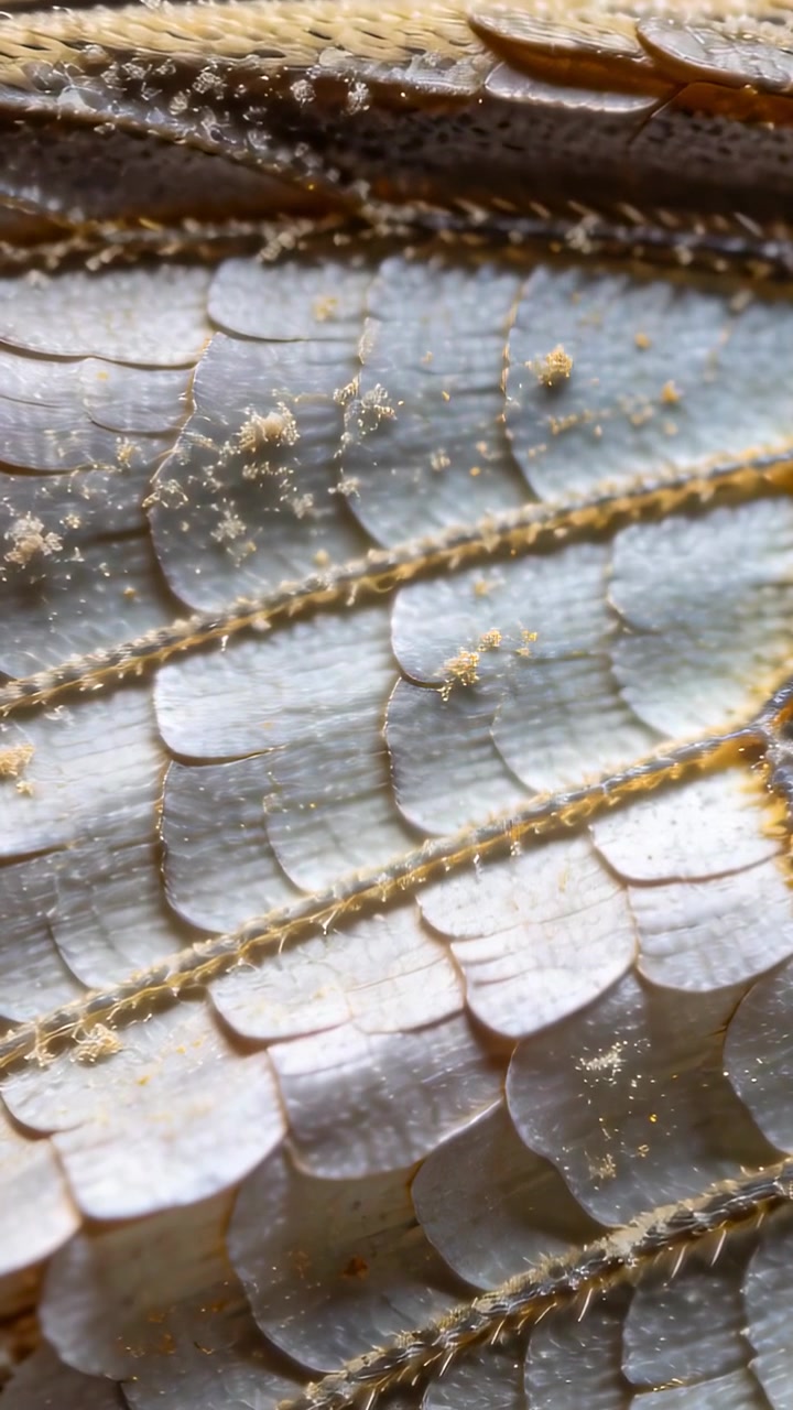 Video verticale: Inizio panoramica della telecamera che rivela scaglie e venature di un'ala di insetto in macro, mostrando della polvere.