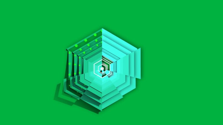 Black transparent bg fading starting teal hex and green dots emerging rotating fading showing HUD
