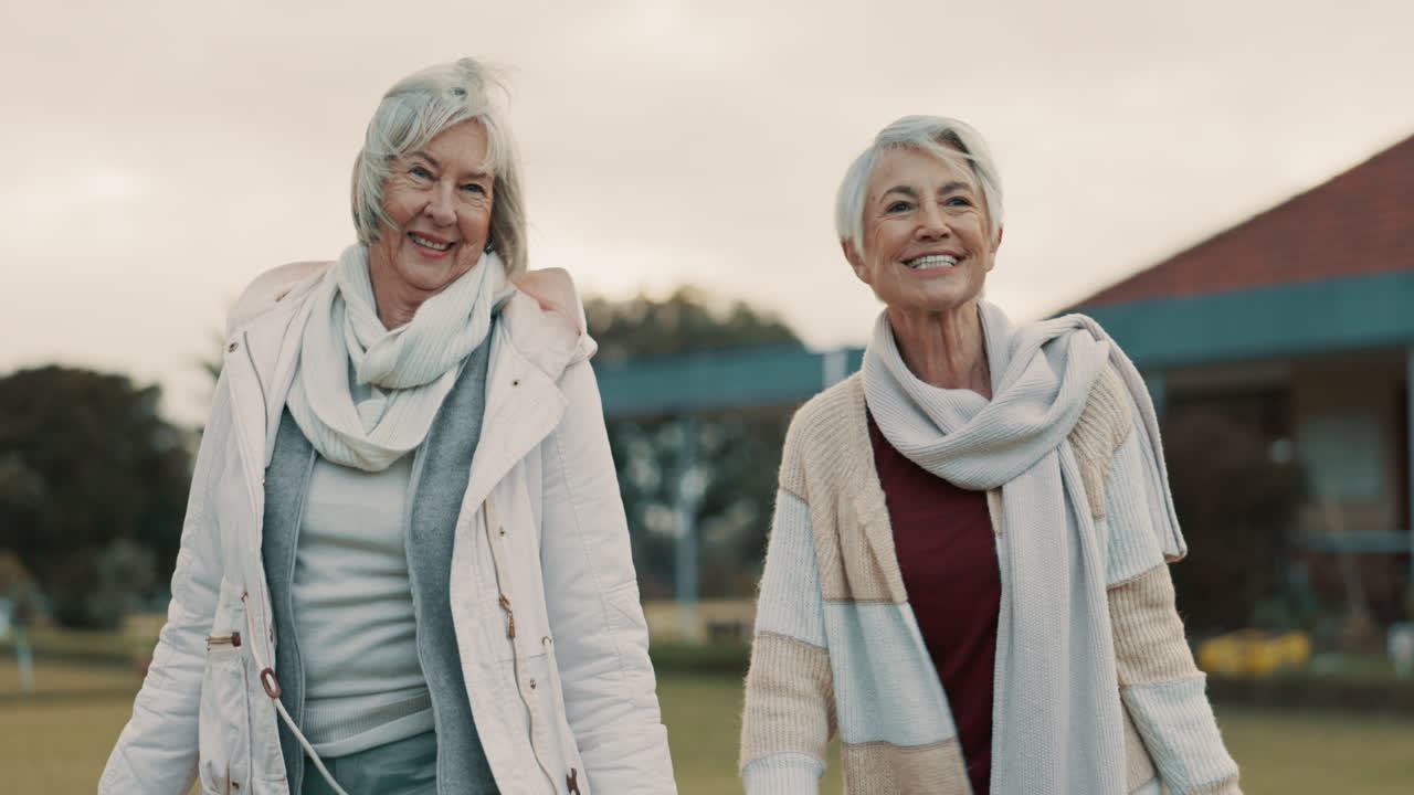 Retirement, smile and senior woman friends walking
