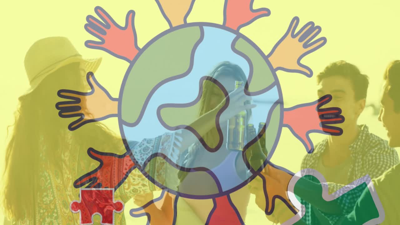 여름 해변 파티에서 행복한 친구들을 손에  ⁇ 고 있는 다채로운 퍼즐 조각과 지구의 애니메이션