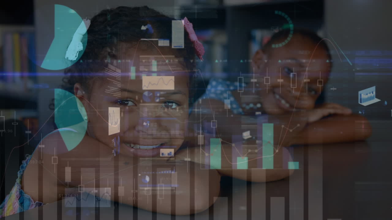 Animation of two girls over data processing  in the background