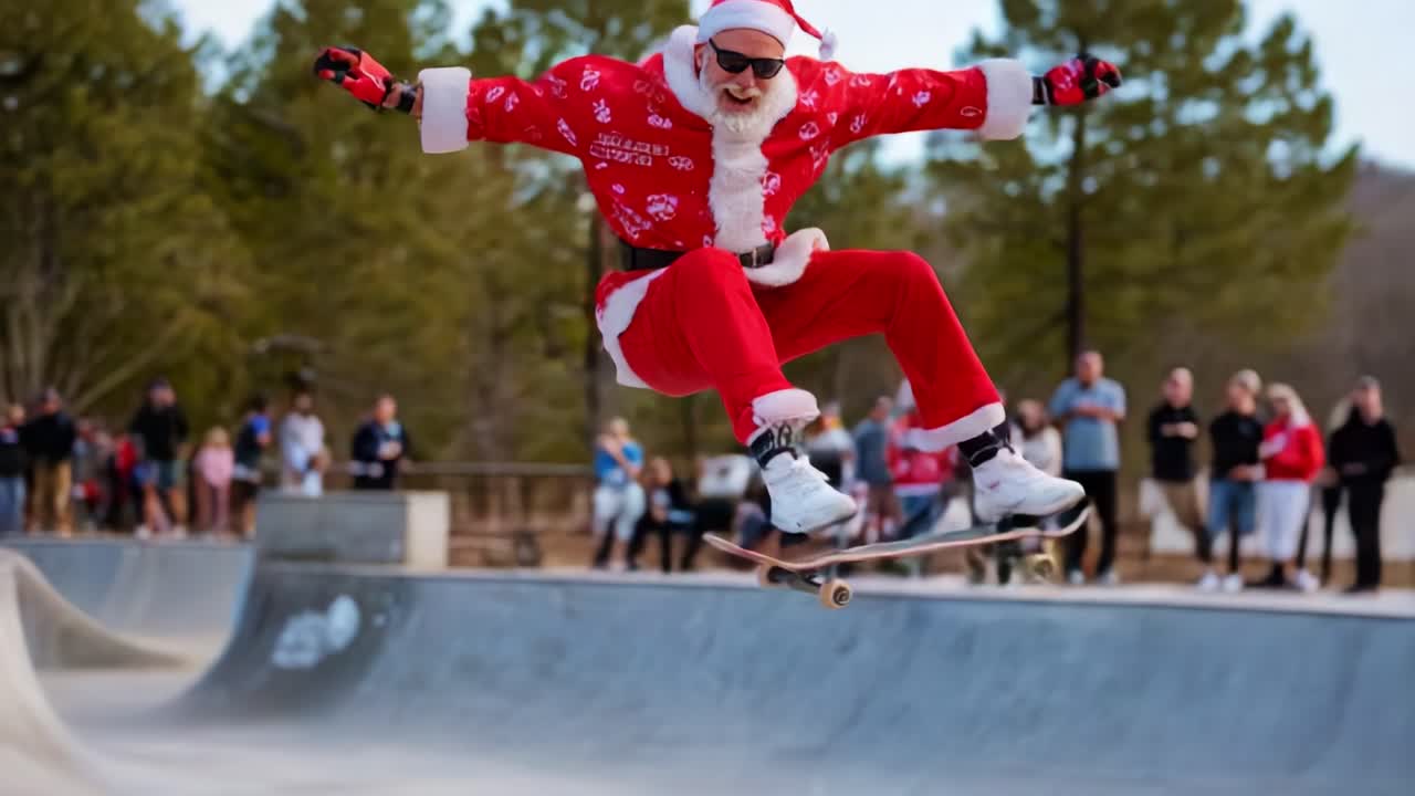 A festive skateboarder in a Santa Claus outfit performs impressive tricks at a skatepark, captivating onlookers with his vibrant costume and joyful spirit, blending holiday cheer with athleticism and fun