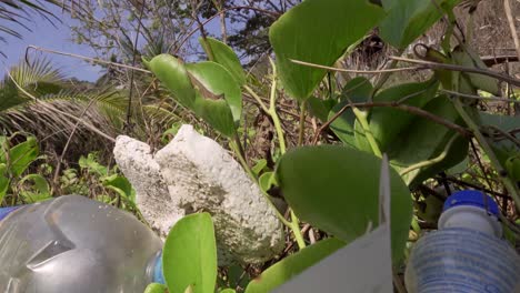 Plastic-Rubbish-between-plants-sky-background-4K-Asia,-Thailand-Filmed-with-Sony-AX700