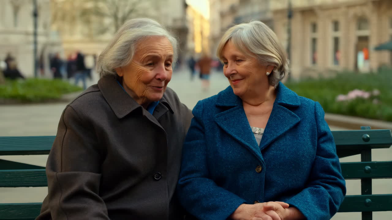 Two elderly women talking on a park bench