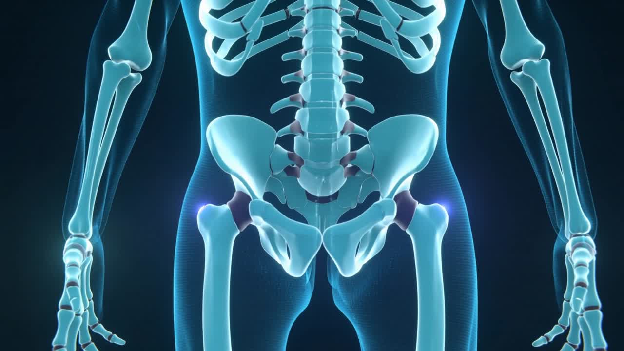 Starting thorax, rotating 3D skeleton revealing pelvis on dark backdrop, pulsing hips for study