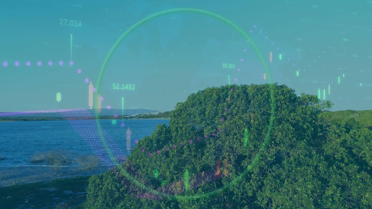 Green circle and financial data animation over lush coastal landscape