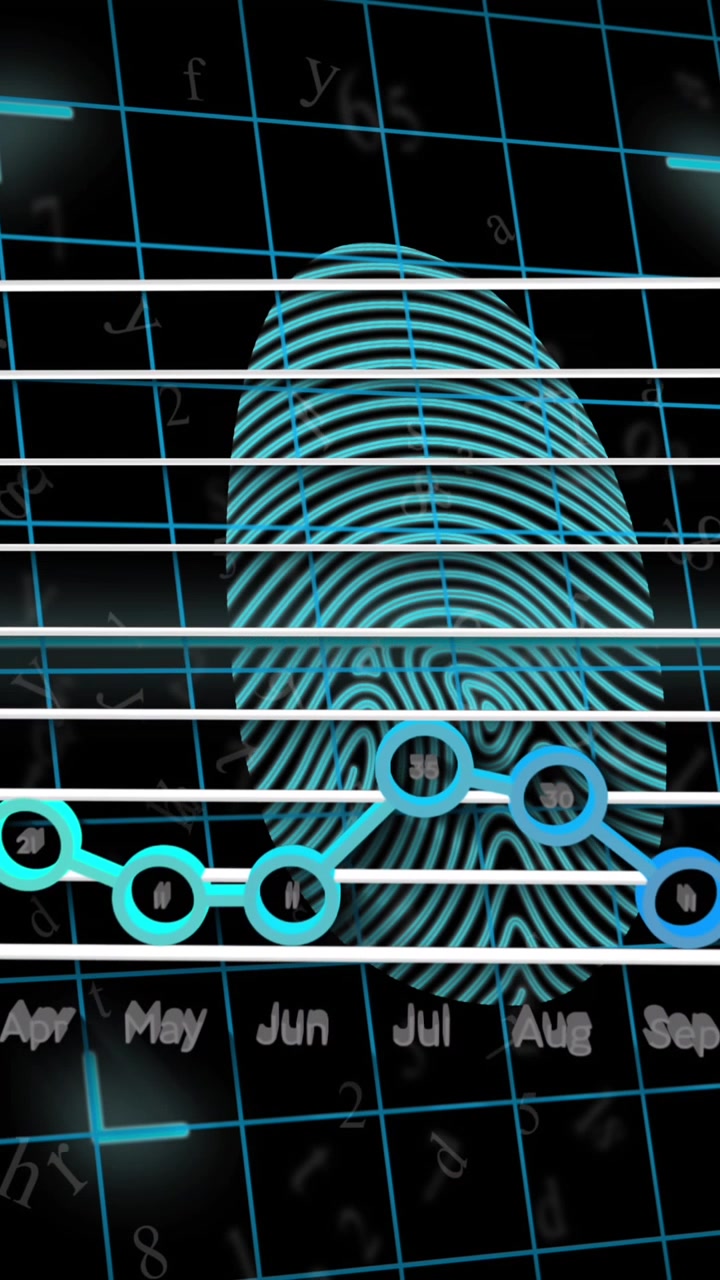 Animation of data processing and fingerprint over black background
