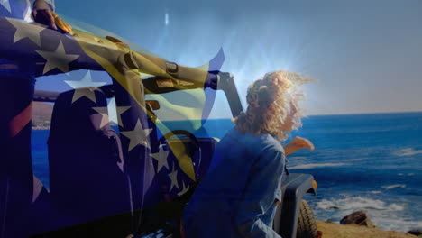 animación de la bandera de bosnia y herzegovina sobre mujer disfrutando de un día soleado por el océano