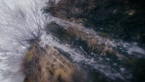 Wintry-waterfall-freezing-water-drops-and-frost-on-tree-branches