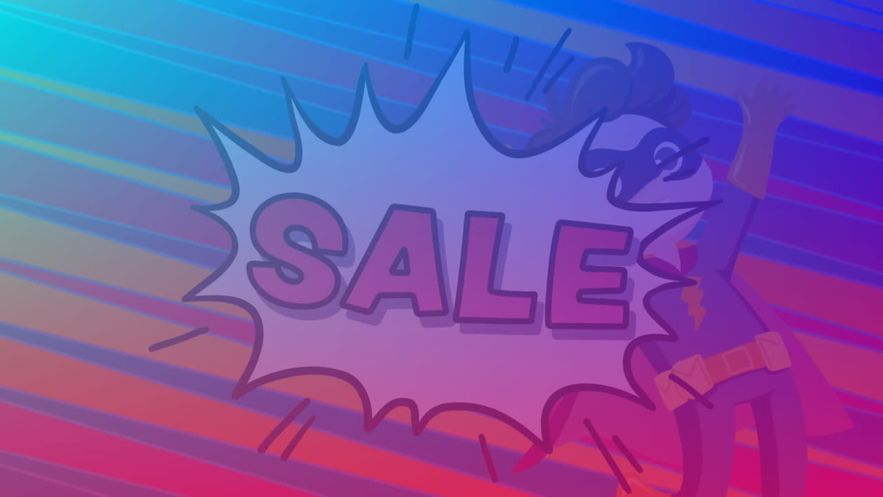 animación digital del texto de venta en la burbuja de discurso retro y el niño superhéroe contra los senderos de luz