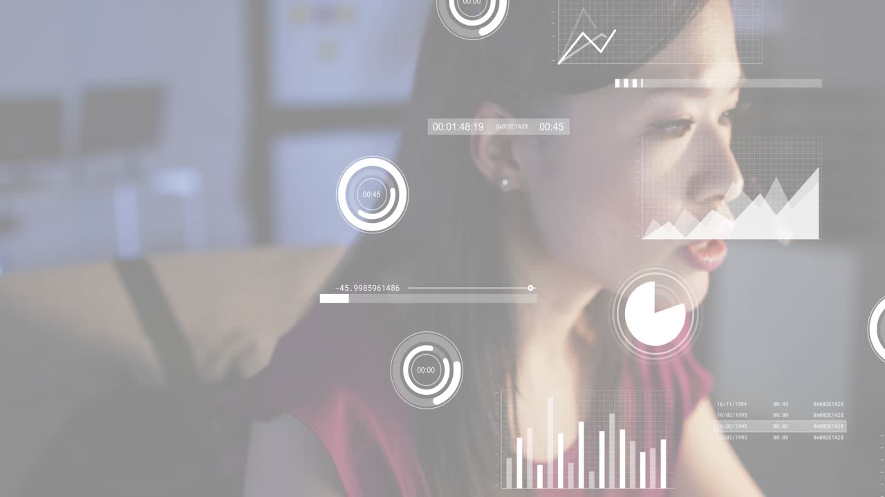 Home office presenter leaning into headset speaking, presenting business data charts and gauges