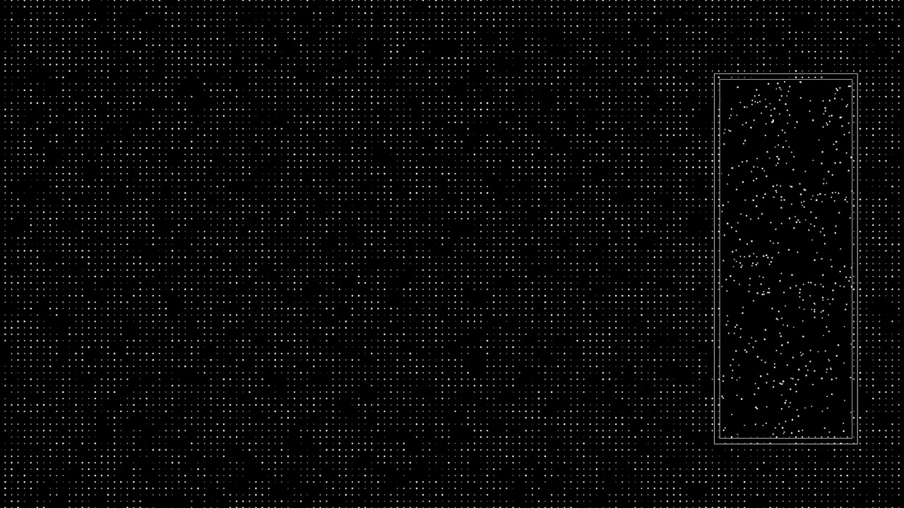 Minimal white dot matrix background on black framed particle window right clean futuristic layout