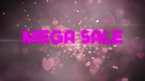 Animation-Von-Mega-Sale-Text-über-Beleuchteten,-Sich-Bewegenden-Herzformen