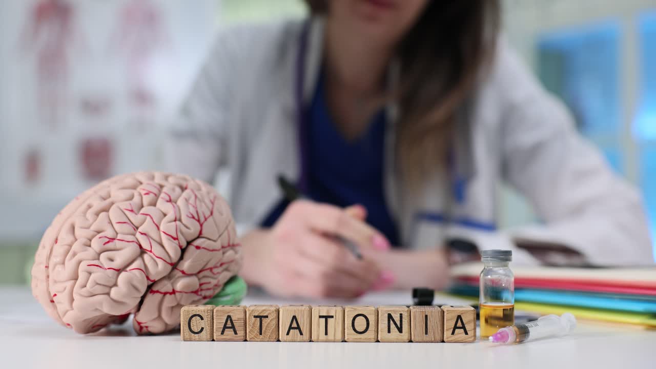 Palavra 'Catatonia' em Blocos com Modelo de Cérebro e Profissional Médico