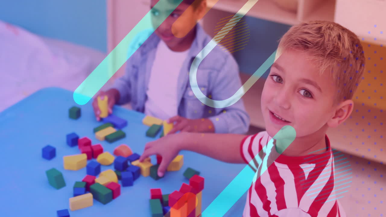 Children playing with colorful blocks, geometric shapes animation over them