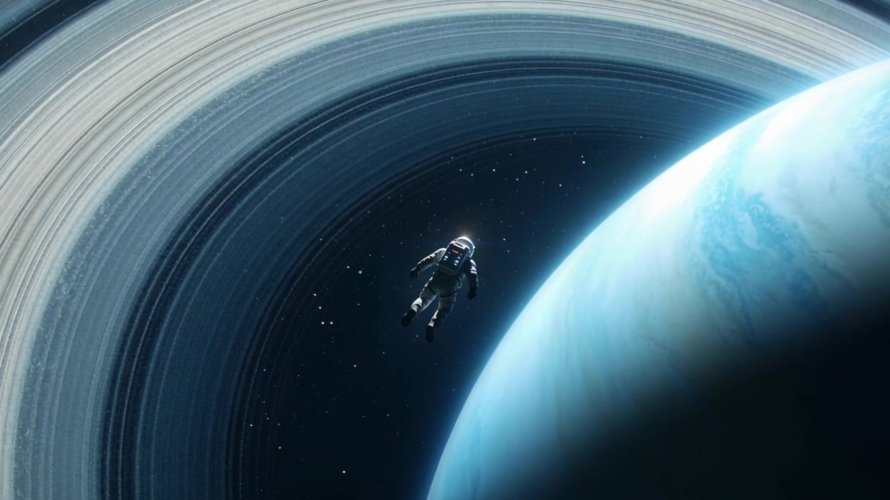 Recording starting, EVA-suited astronaut drifting slowly near ringed gas giant limb, PLSS visible
