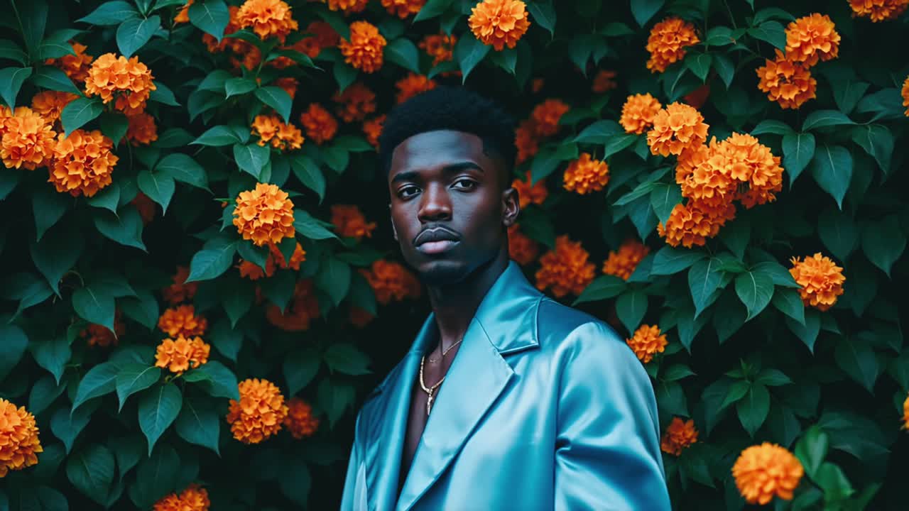 Stylish Man in Blue Coat Amidst Orange Flowers