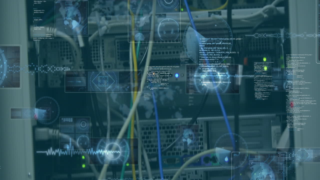 animación del procesamiento de datos y la codificación binaria frente al primer plano del servidor de computadora.