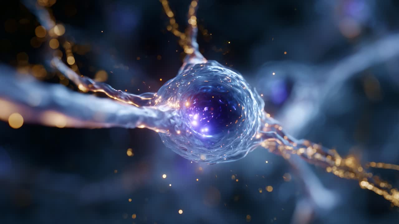 Magnificent Close-up View of a Human Neuron Highlighting the Sparkling Synapses and Pulsating Energy within a Complex Neural Network of the Brain