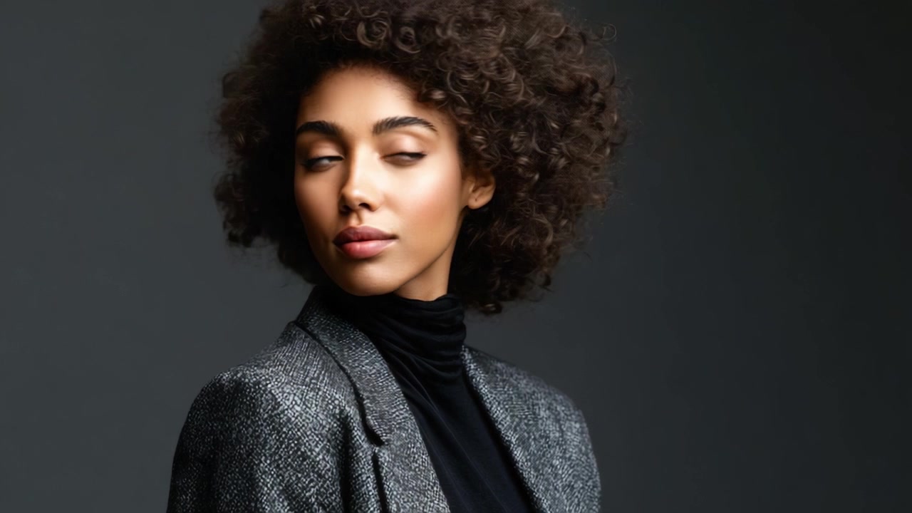 Elegant Portrait of a Young Woman with Curly Hair in a Classic Blazer, Captured in a Studio Setting with a Smooth Dark Background