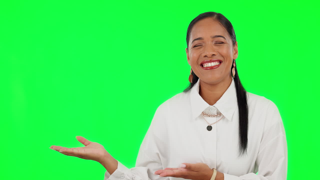 Happy woman, hands and advertising on green screen