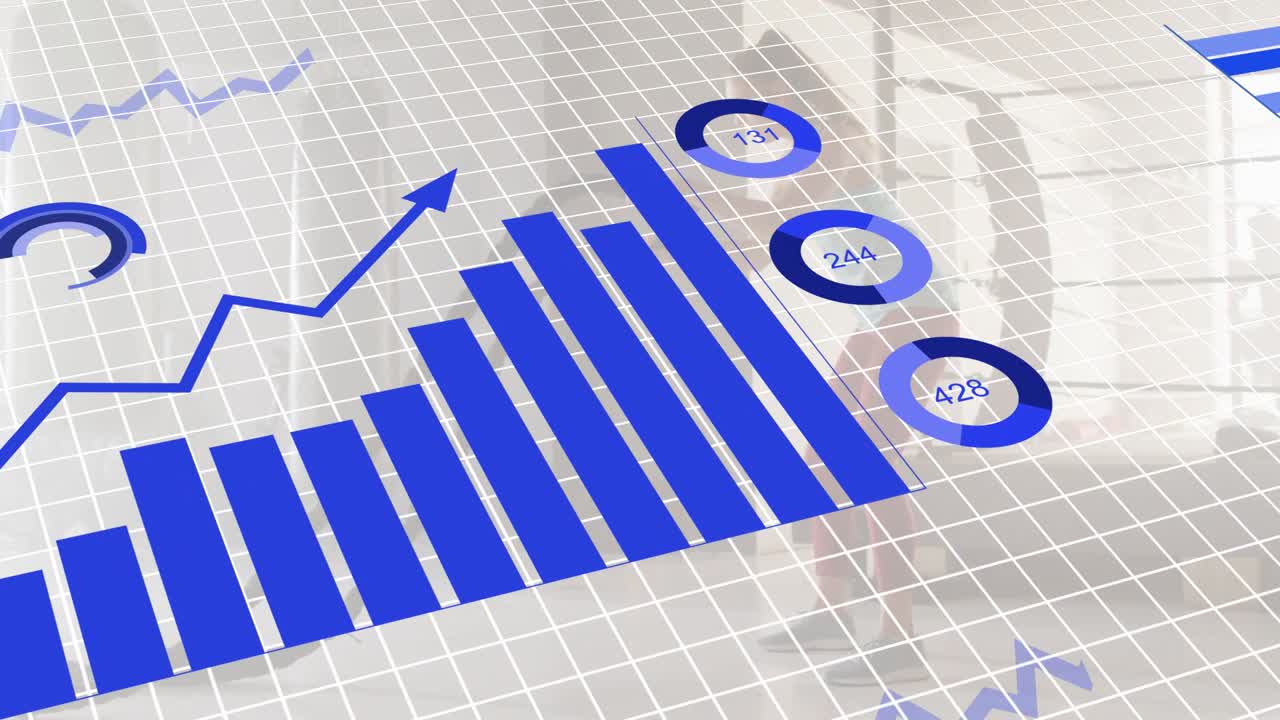 Vertikal video: Gitter opbygges, diagrammer animeres, maskeret kvinde opretter forretningsdashboard.